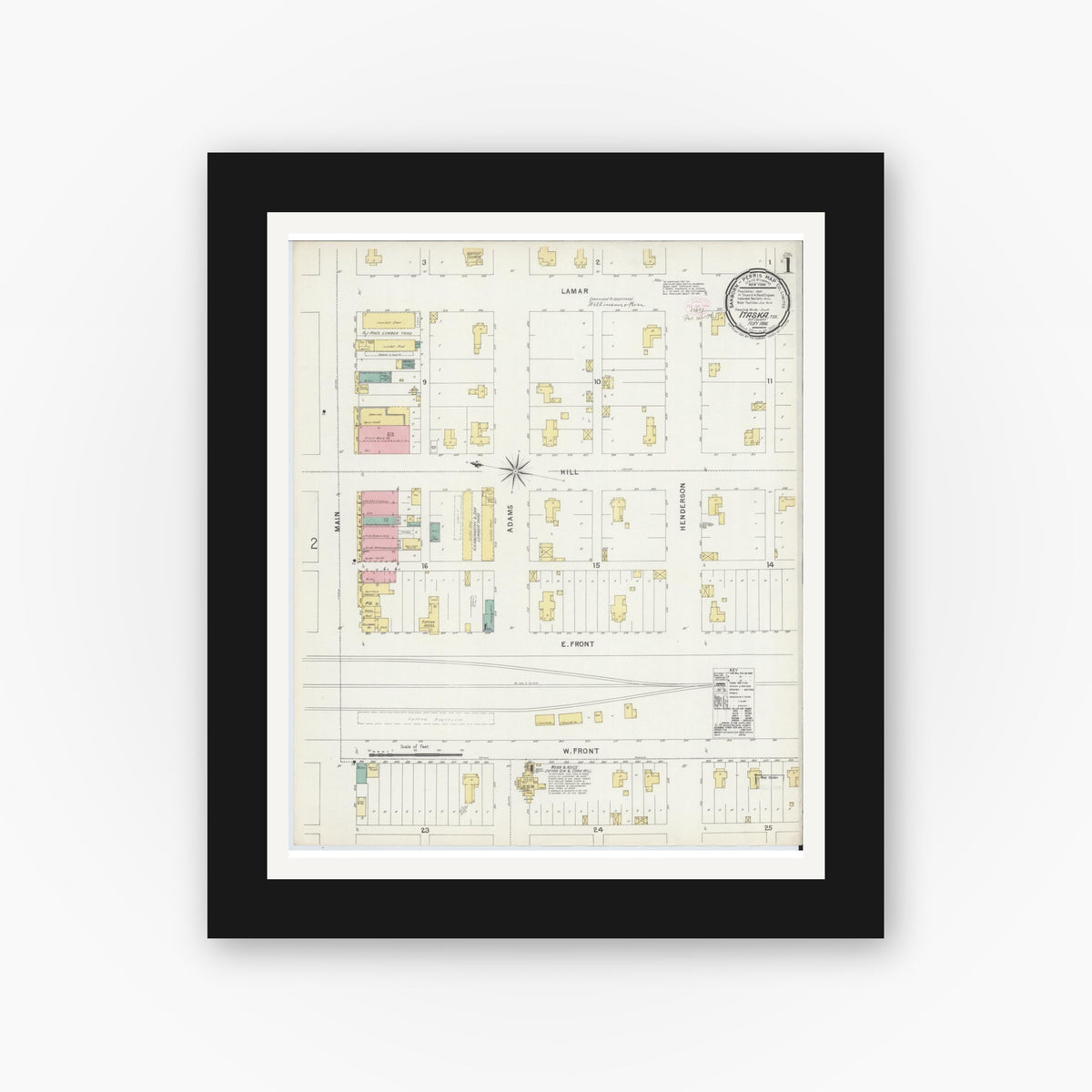 Old map wall art mockup — black gallery frame with white mat — Sanborn Fire Insurance Map from Itasca, Hill County, Texas (1896), Sheet #0001