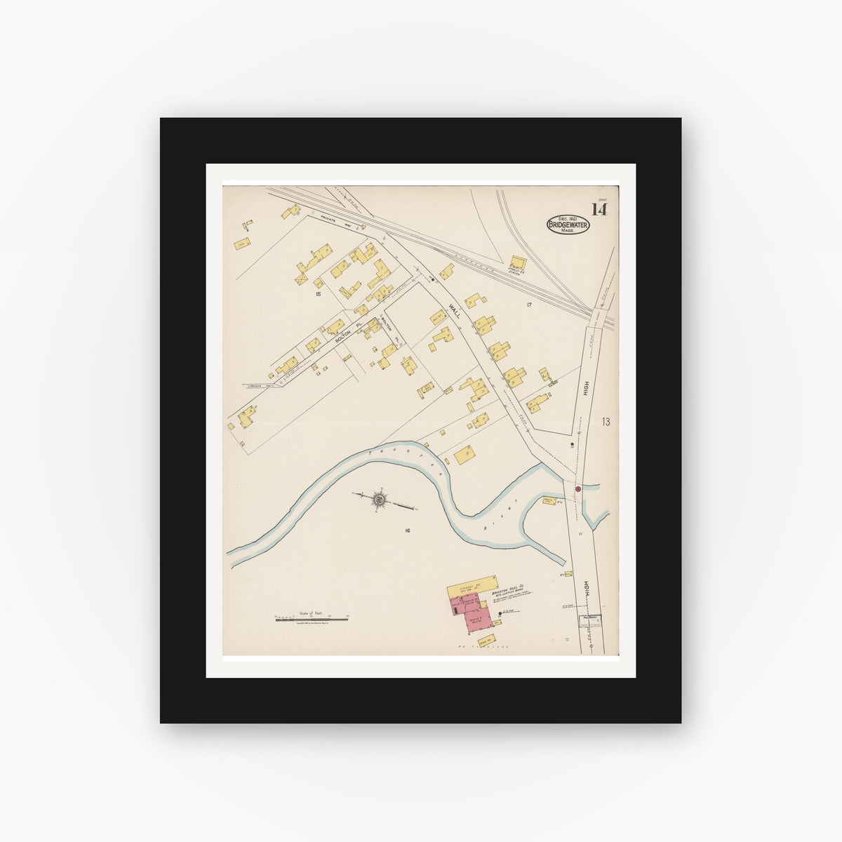 Old map wall art mockup — black gallery frame with white mat — Sanborn Fire Insurance Map from Bridgewater, Plymouth County, Massachusetts (1921), Sheet #0014