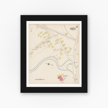 Old map wall art mockup — black gallery frame with white mat — Sanborn Fire Insurance Map from Bridgewater, Plymouth County, Massachusetts (1921), Sheet #0014