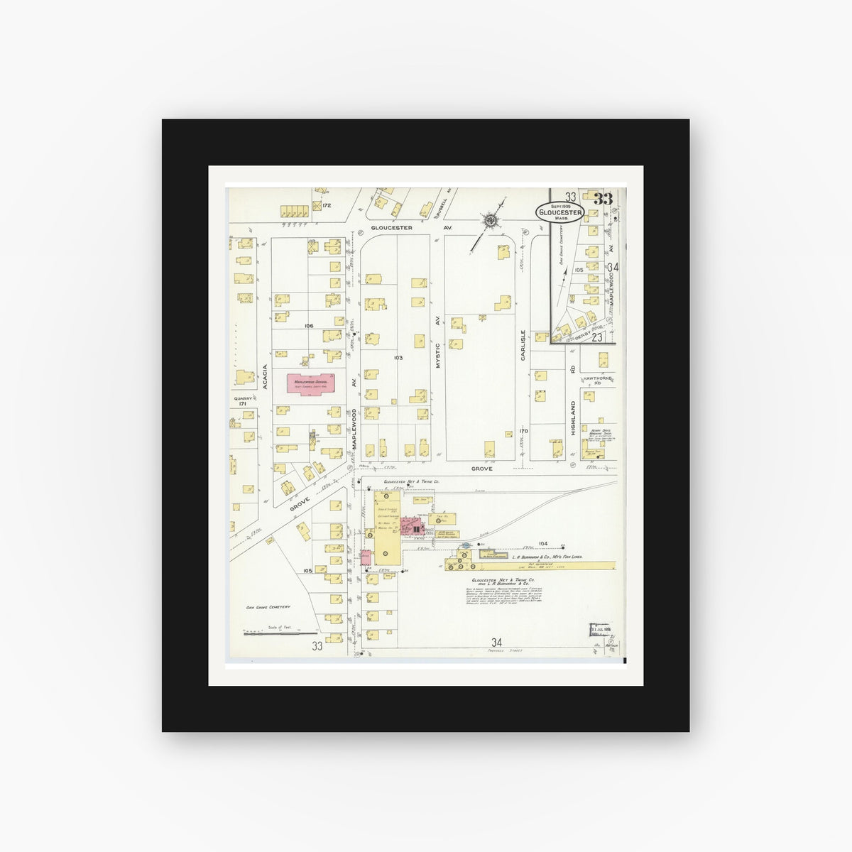 Old map wall art mockup — black gallery frame with white mat — Sanborn Fire Insurance Map from Gloucester, Essex County, Massachusetts (1909), Sheet #0033