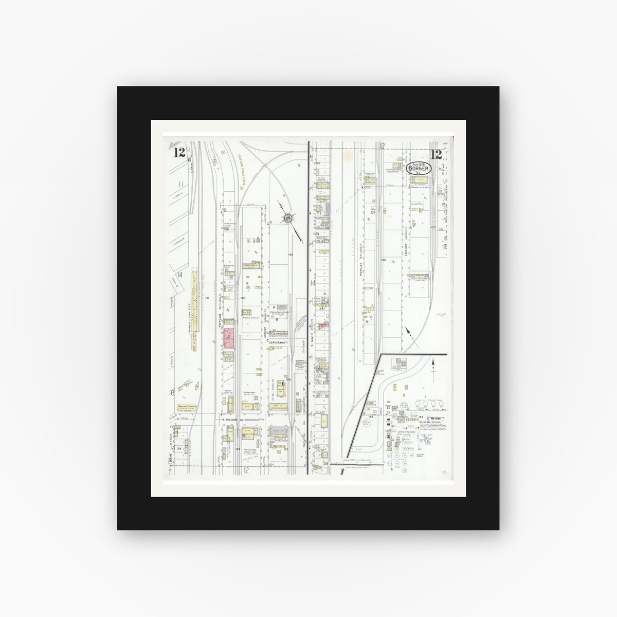 Old map wall art mockup — black gallery frame with white mat — Sanborn Fire Insurance Map from Borger, Hutchinson County, Texas (1928), Sheet #0012