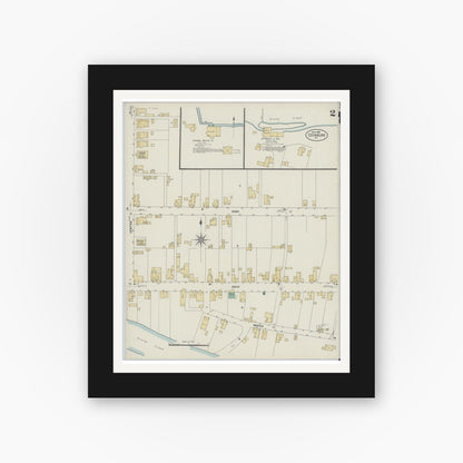 Old map wall art mockup — black gallery frame with white mat — Sanborn Fire Insurance Map from Edinburg, Shenandoah County, Virginia (1908), Sheet #0002