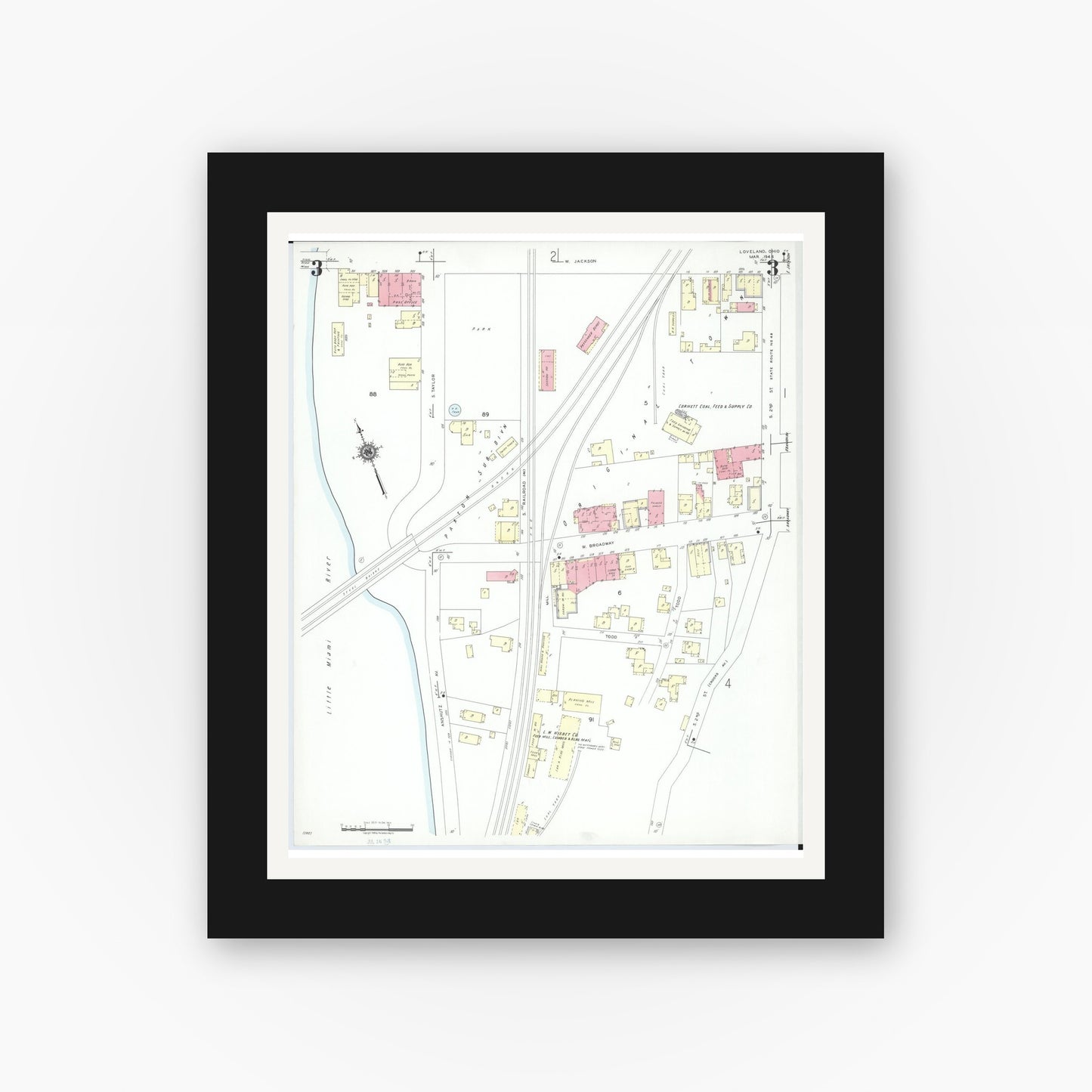 Old map wall art mockup — black gallery frame with white mat — Sanborn Fire Insurance Map from Loveland, Clermont, Hamilton, And Warren County, Ohio (1946), Sheet #0003