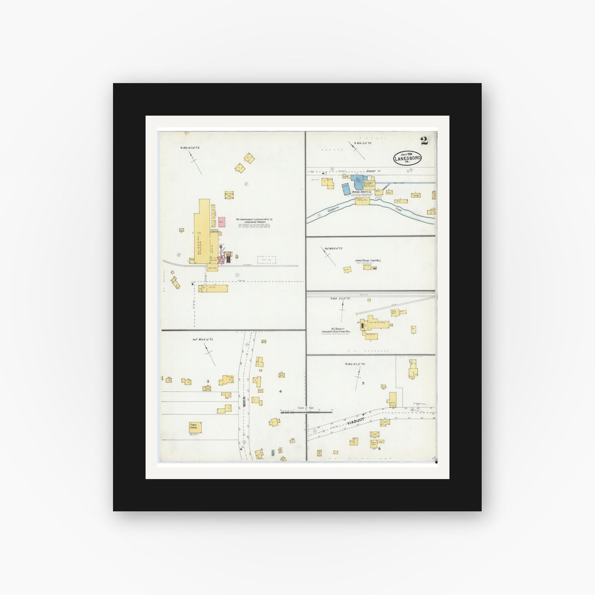Old map wall art mockup — black gallery frame with white mat — Sanborn Fire Insurance Map from Lanesboro, Susquehanna County, Pennsylvania (1904), Sheet #0002