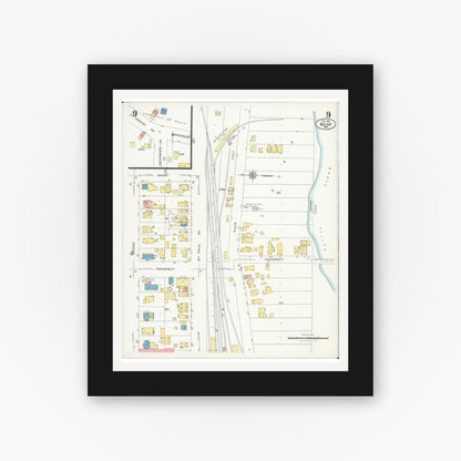 Old map wall art mockup — black gallery frame with white mat — Sanborn Fire Insurance Map from Beloit, Rock County, Wisconsin (1926), Sheet #0009
