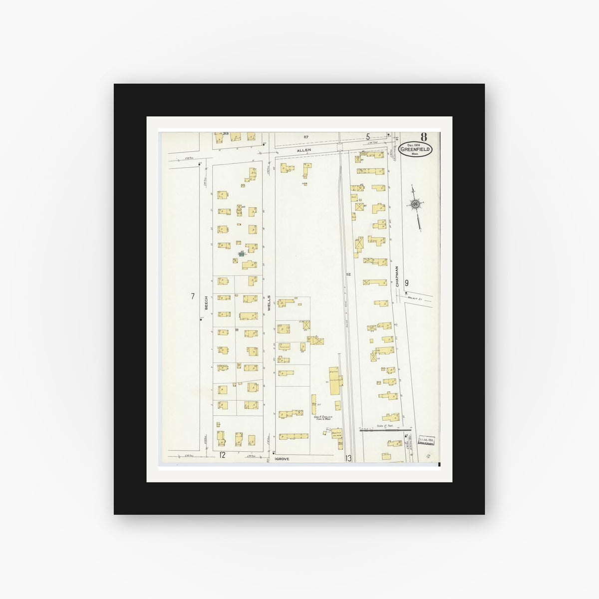 Old map wall art mockup — black gallery frame with white mat — Sanborn Fire Insurance Map from Greenfield, Franklin County, Massachusetts (1909), Sheet #0008