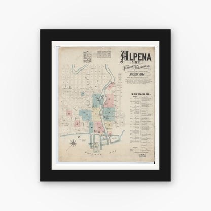Old map wall art mockup — black gallery frame with white mat — Sanborn Fire Insurance Map from Alpena, Alpena County, Michigan (1884), Sheet #0001