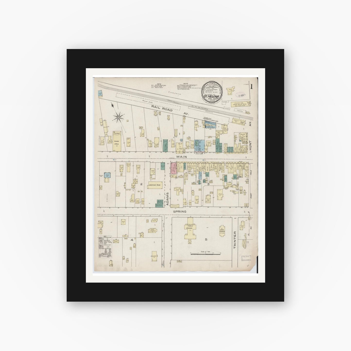 Old map wall art mockup — black gallery frame with white mat — Sanborn Fire Insurance Map from Saint Helena, Napa County, California (1886) - Complete Map Set