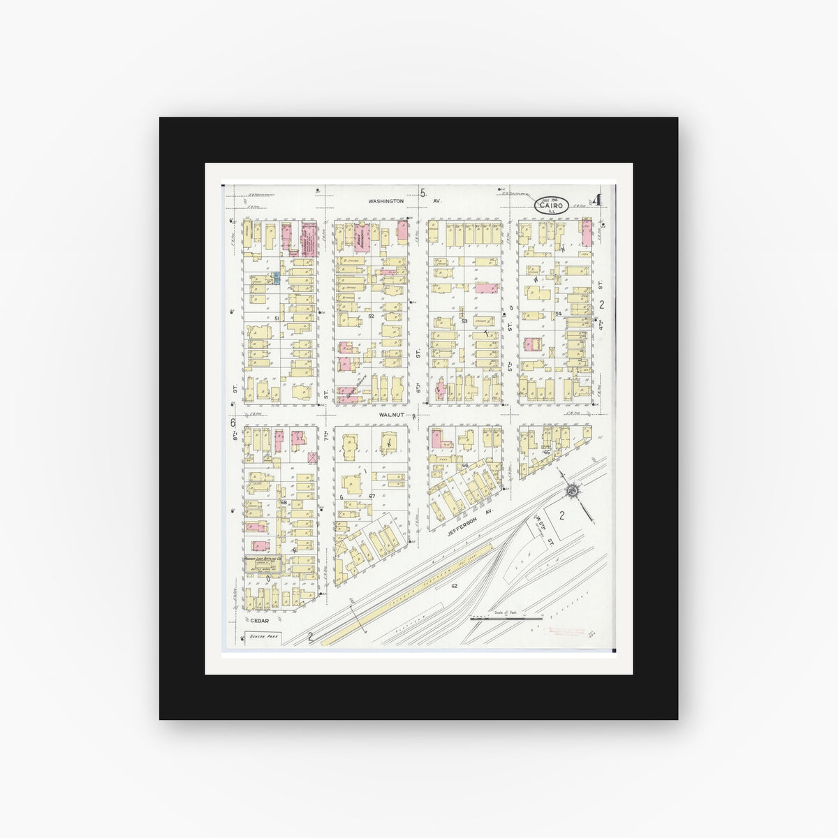 Old map wall art mockup — black gallery frame with white mat — Sanborn Fire Insurance Map from Cairo, Alexander County, Illinois (1914), Sheet #0004