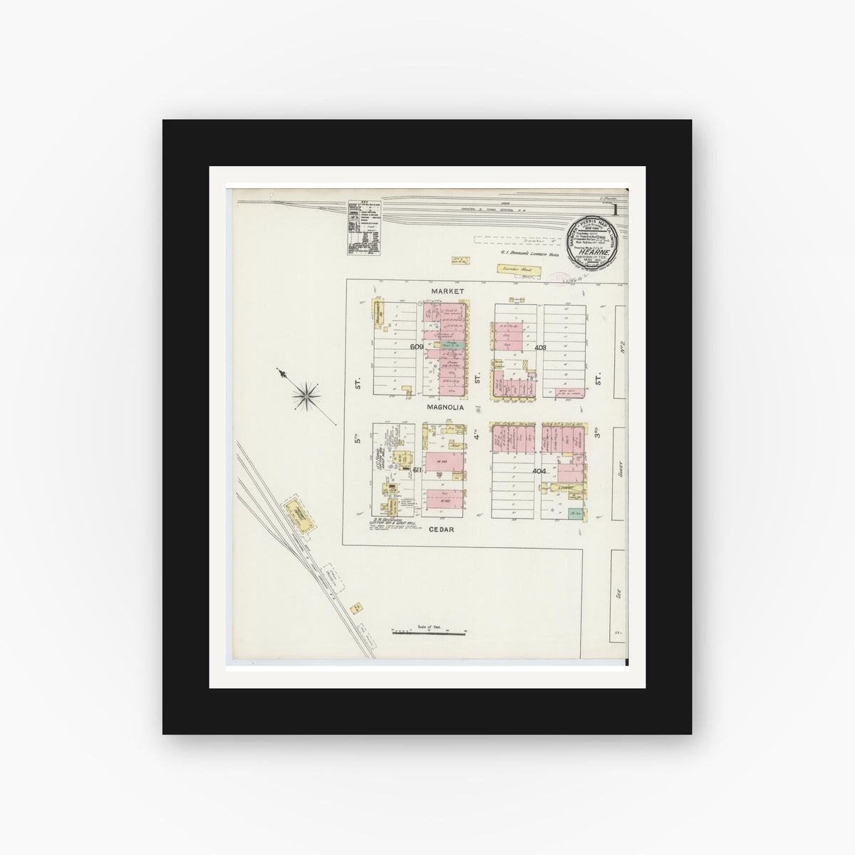 Old map wall art mockup — black gallery frame with white mat — Sanborn Fire Insurance Map from Hearne, Robertson County, Texas (1891) - Complete Map Set