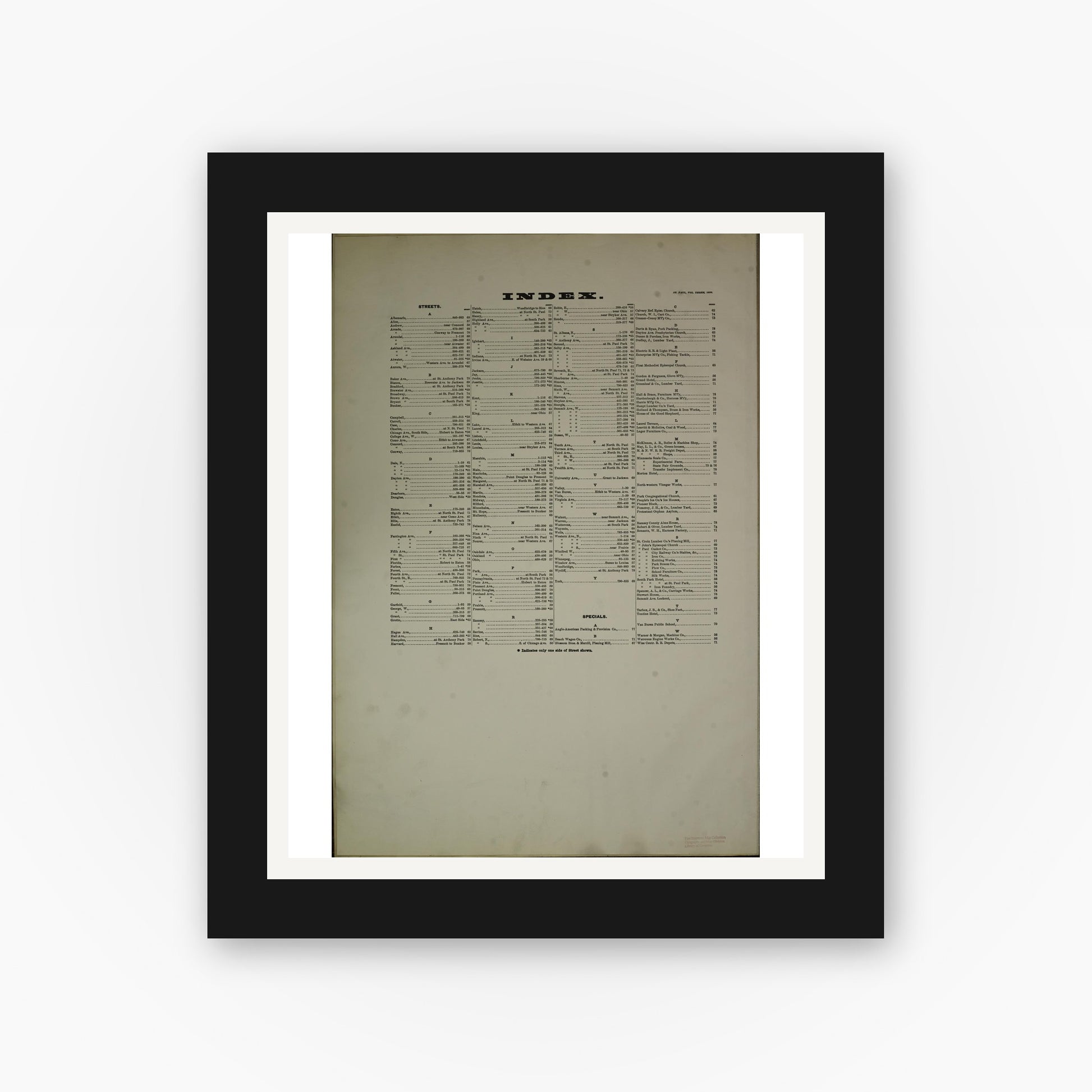 Old map wall art mockup — black gallery frame with white mat — Sanborn Fire Insurance Map from Saint Paul, Ramsey County, Minnesota (1888), Sheet #0001