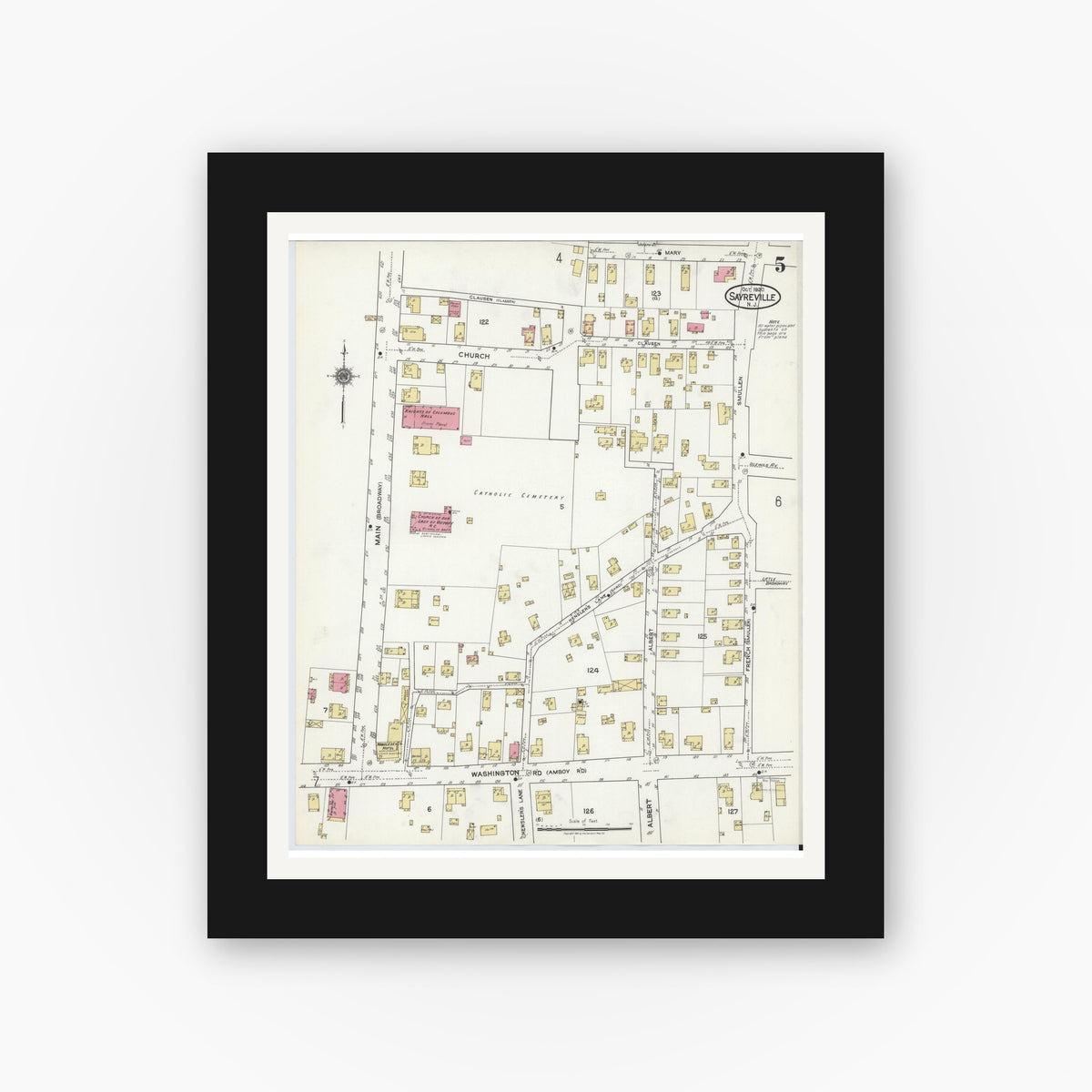 Old map wall art mockup — black gallery frame with white mat — Sanborn Fire Insurance Map from Sayreville, Middlesex County, New Jersey (1920), Sheet #0005