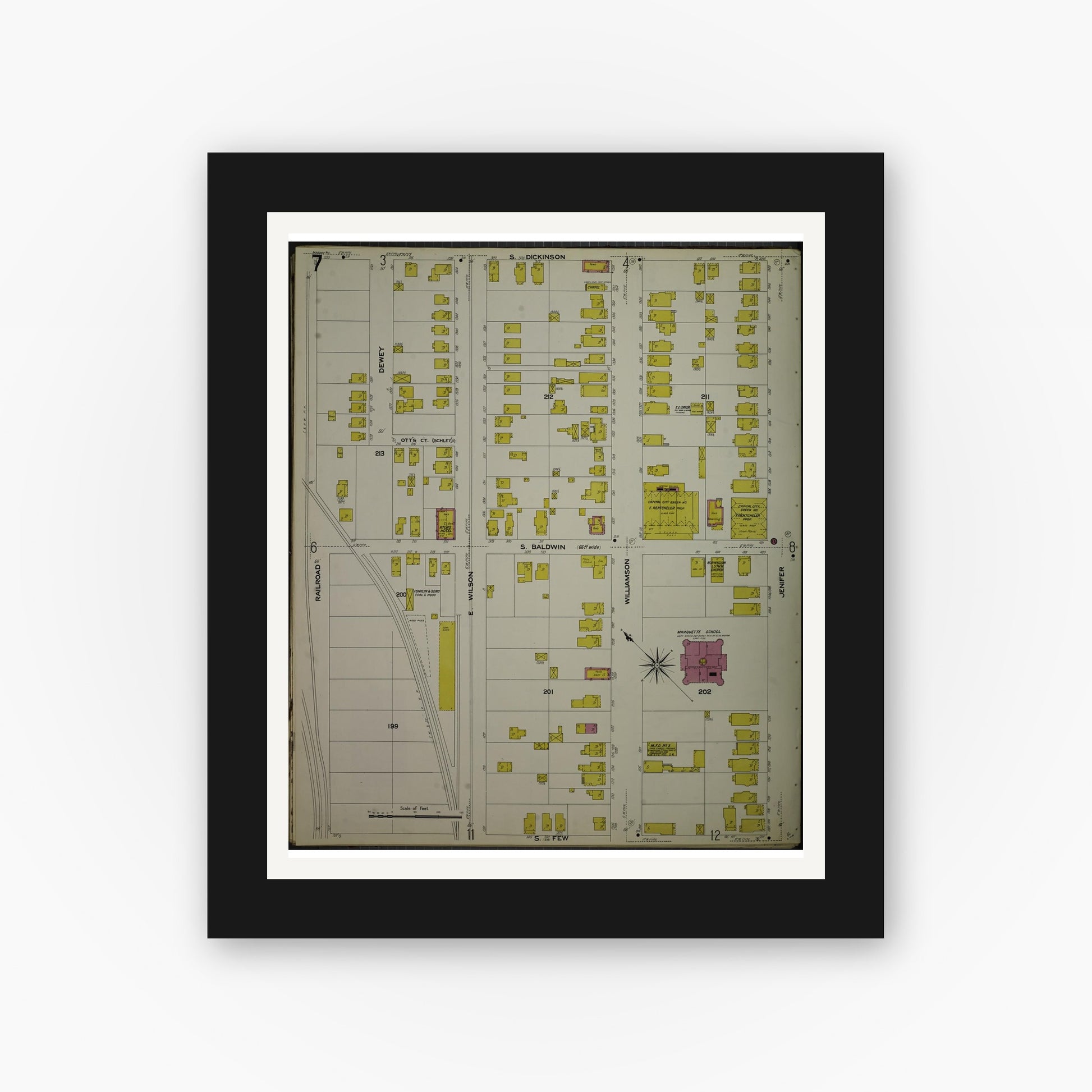 Old map wall art mockup — black gallery frame with white mat — Sanborn Fire Insurance Map from Madison, Dane County, Wisconsin (1908), Sheet #0007