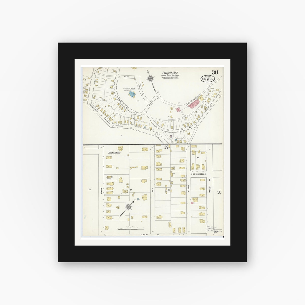 Old map wall art mockup — black gallery frame with white mat — Sanborn Fire Insurance Map from Franklin, Venango County, Pennsylvania (1912), Sheet #0030