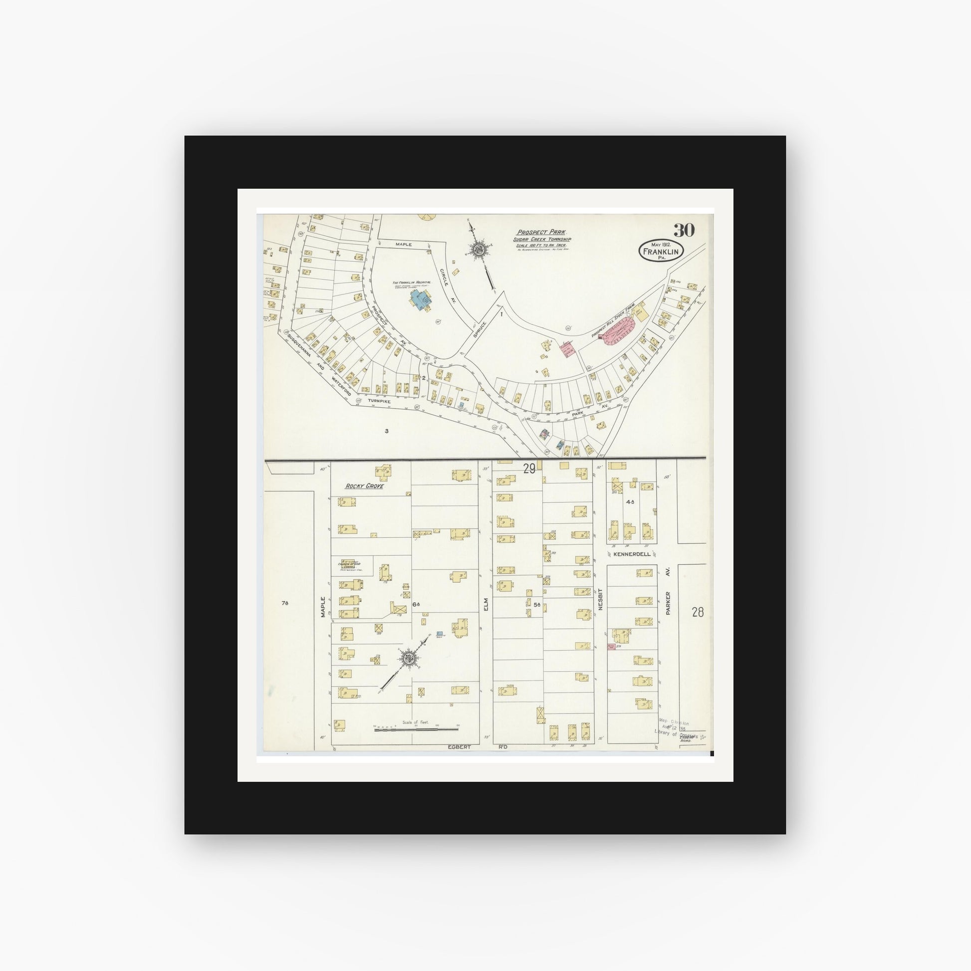 Old map wall art mockup — black gallery frame with white mat — Sanborn Fire Insurance Map from Franklin, Venango County, Pennsylvania (1912), Sheet #0030