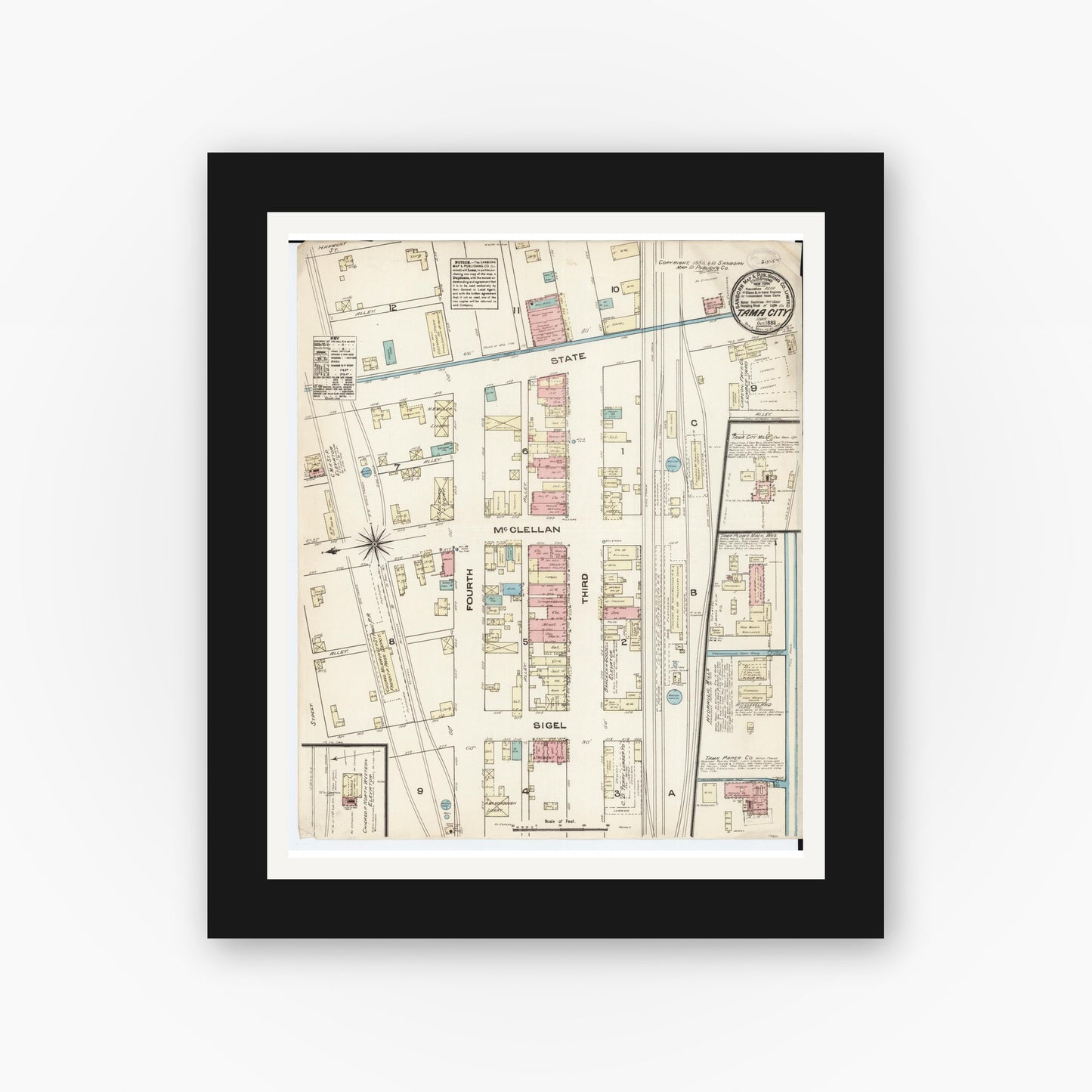 Old map wall art mockup — black gallery frame with white mat — Sanborn Fire Insurance Map from Tama, Tama County, Iowa (1883), Sheet #0001