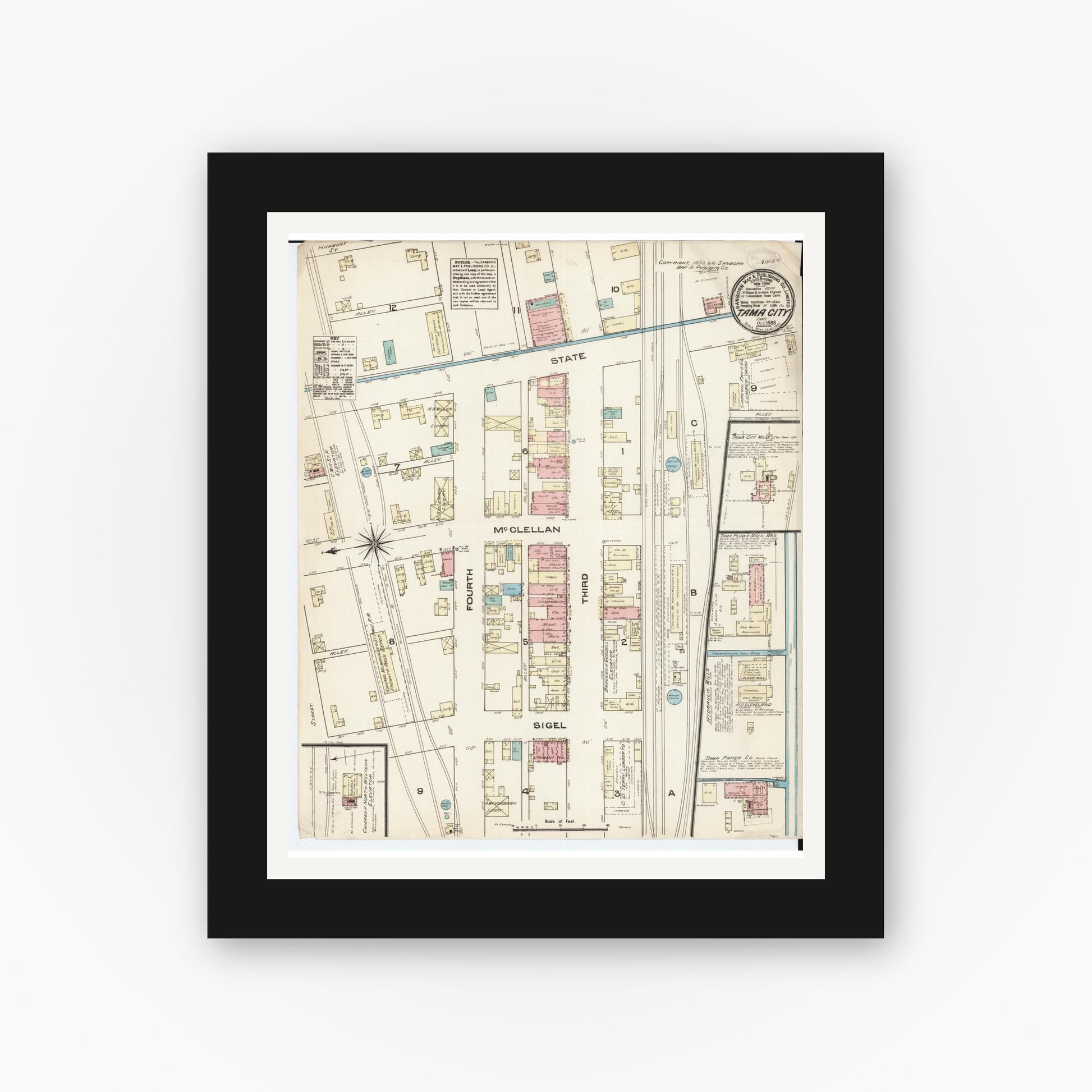 Old map wall art mockup — black gallery frame with white mat — Sanborn Fire Insurance Map from Tama, Tama County, Iowa (1883), Sheet #0001