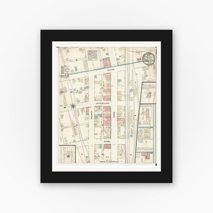 Old map wall art mockup — black gallery frame with white mat — Sanborn Fire Insurance Map from Tama, Tama County, Iowa (1883), Sheet #0001