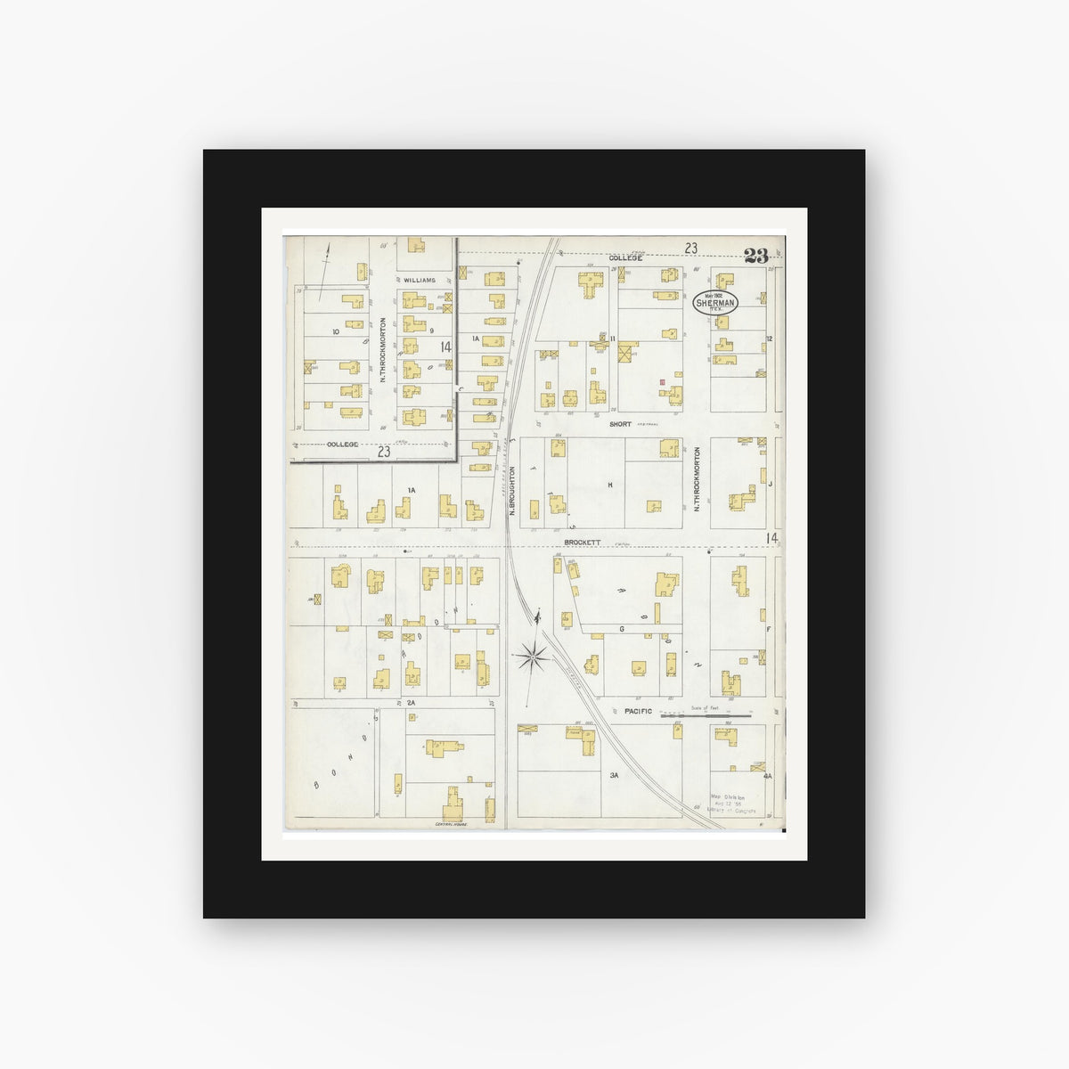 Old map wall art mockup — black gallery frame with white mat — Sanborn Fire Insurance Map from Sherman, Grayson County, Texas (1902), Sheet #0023