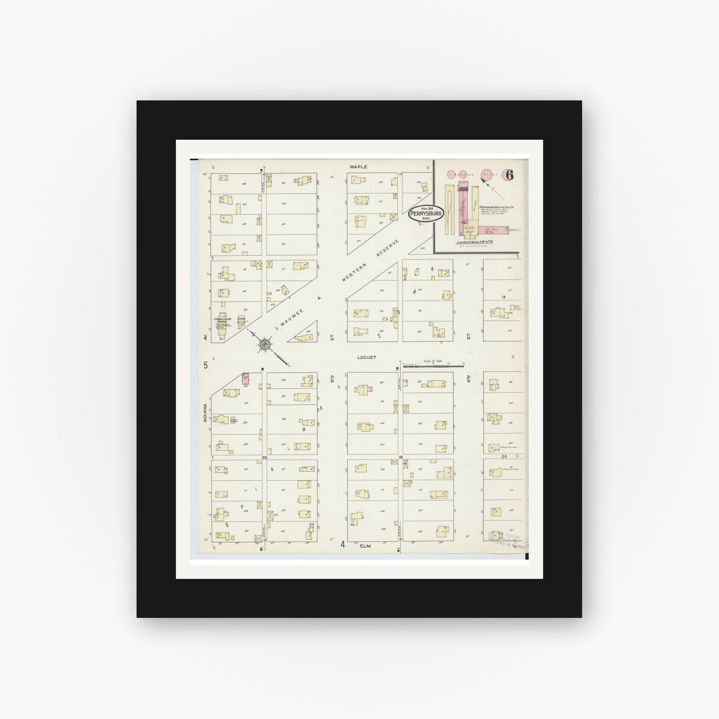 Old map wall art mockup — black gallery frame with white mat — Sanborn Fire Insurance Map from Perrysburg, Wood County, Ohio (1914), Sheet #0006