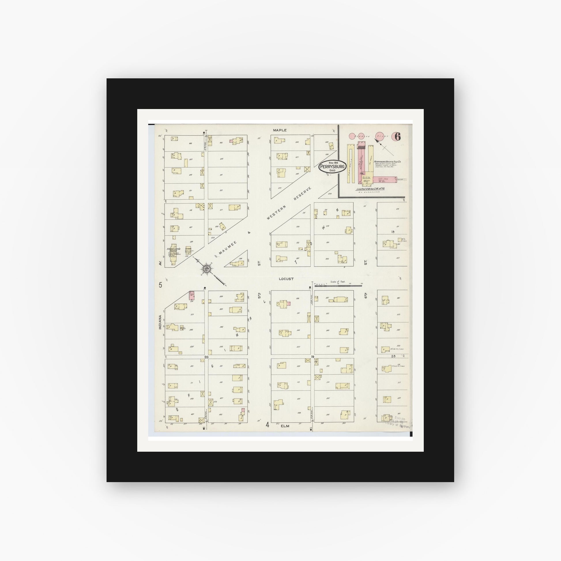 Old map wall art mockup — black gallery frame with white mat — Sanborn Fire Insurance Map from Perrysburg, Wood County, Ohio (1914), Sheet #0006