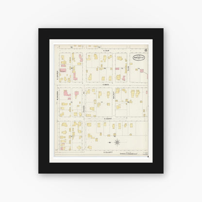 Old map wall art mockup — black gallery frame with white mat — Sanborn Fire Insurance Map from New Castle, Henry County, Indiana (1892), Sheet #0006