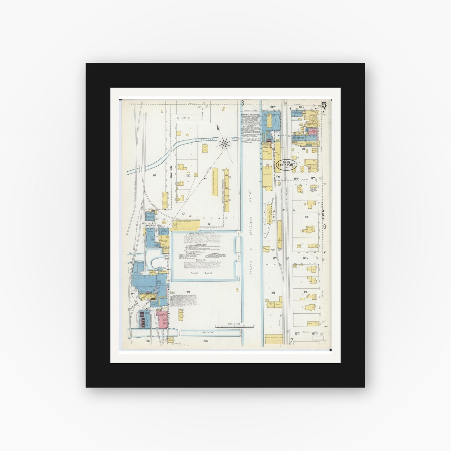 Old map wall art mockup — black gallery frame with white mat — Sanborn Fire Insurance Map from Lockport, Will County, Illinois (1902), Sheet #0005