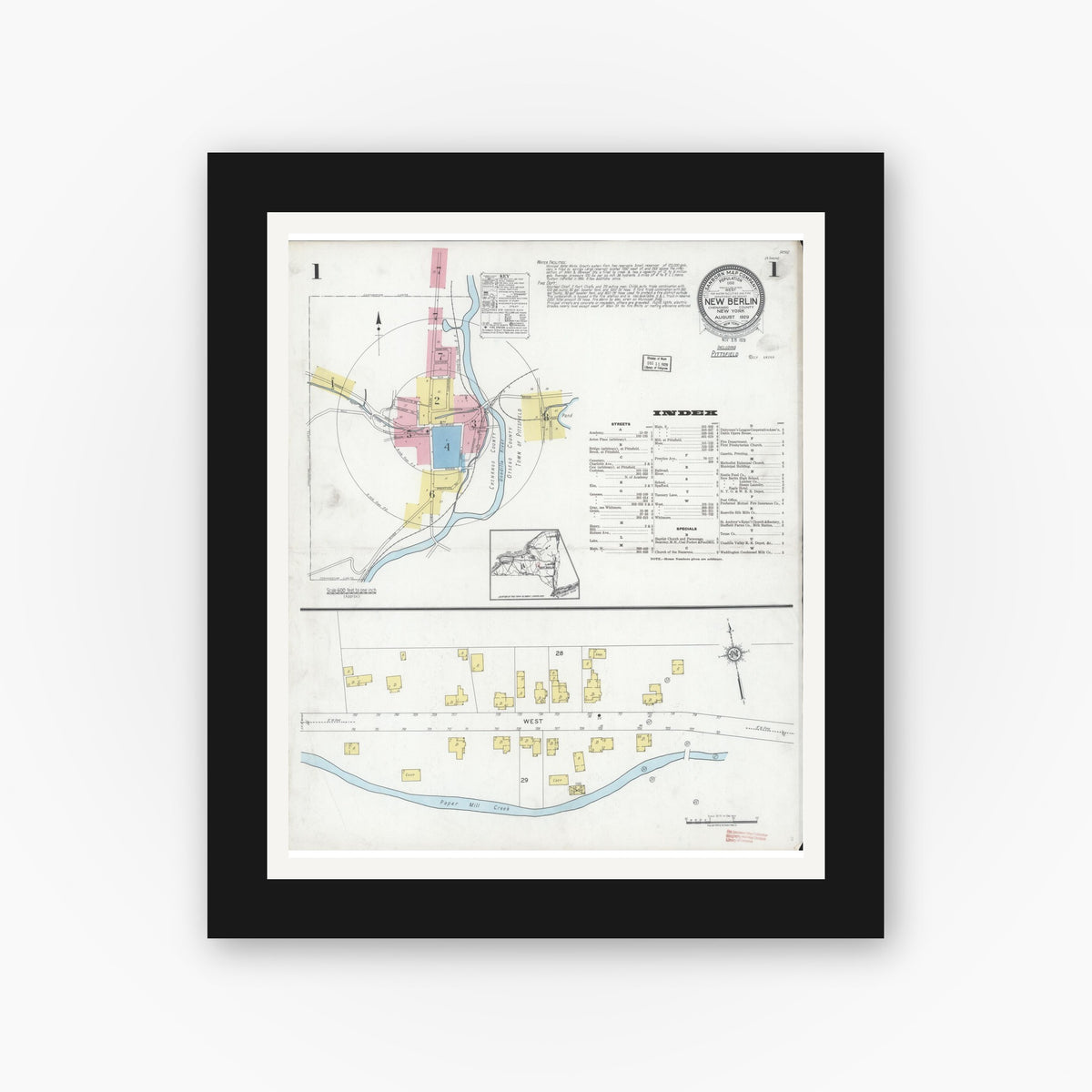 Old map wall art mockup — black gallery frame with white mat — Sanborn Fire Insurance Map from New Berlin, Chenango County, New York (1929) - Complete Map Set