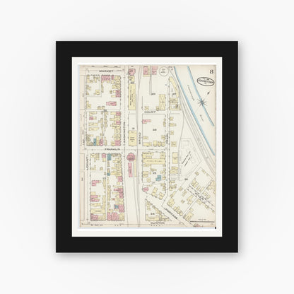 Old map wall art mockup — black gallery frame with white mat — Sanborn Fire Insurance Map from Johnstown, Cambria County, Pennsylvania (1886), Sheet #0008