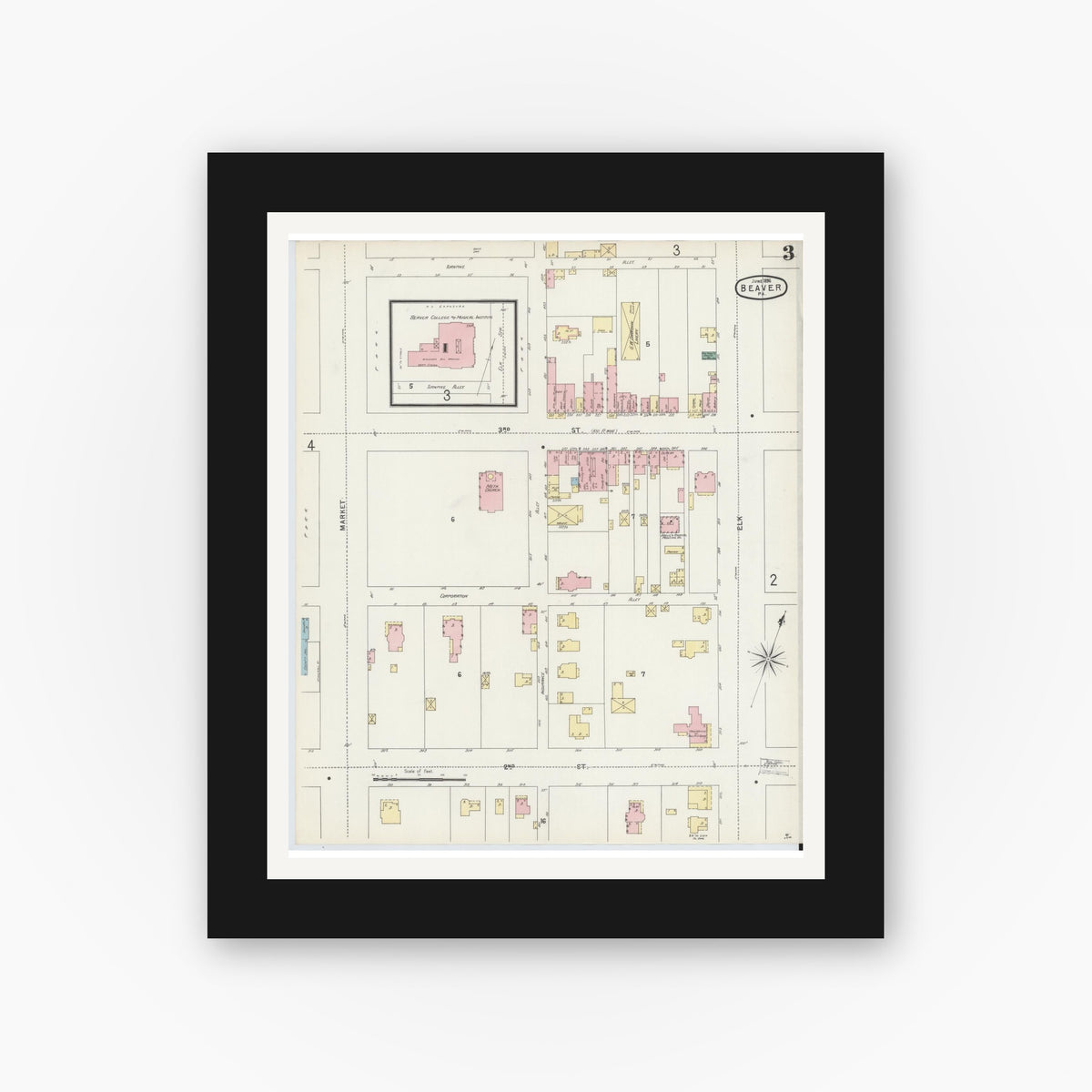 Old map wall art mockup — black gallery frame with white mat — Sanborn Fire Insurance Map from Beaver, Beaver County, Pennsylvania (1896), Sheet #0003