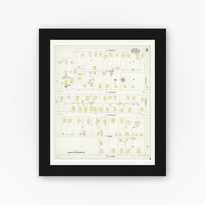 Old map wall art mockup — black gallery frame with white mat — Sanborn Fire Insurance Map from McKinney, Collin County, Texas (1908), Sheet #0002