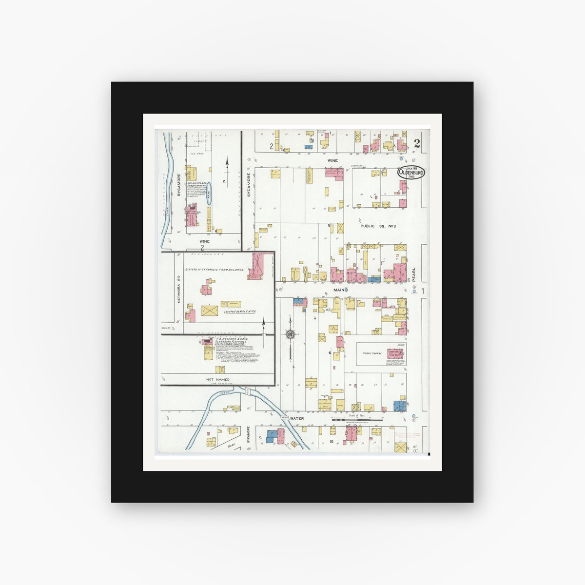 Old map wall art mockup — black gallery frame with white mat — Sanborn Fire Insurance Map from Oldenburg, Franklin County, Indiana (1919), Sheet #0002