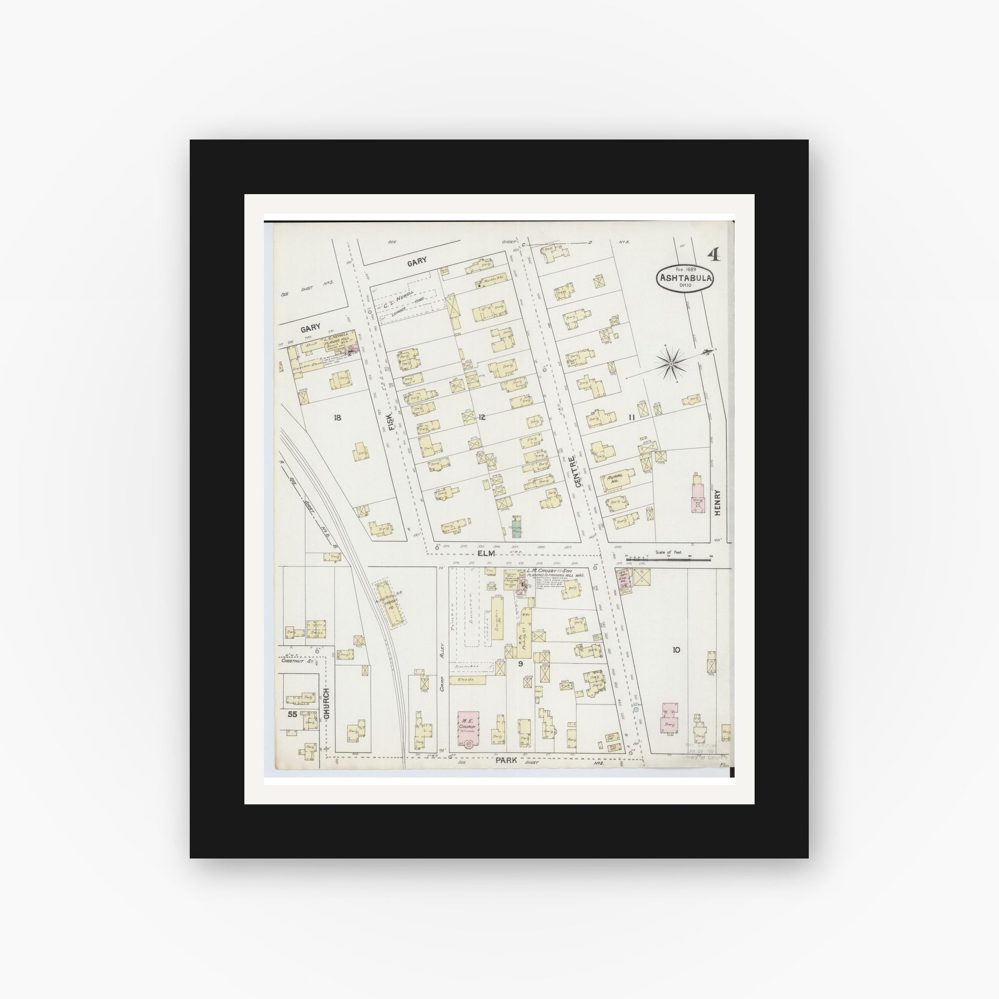 Old map wall art mockup — black gallery frame with white mat — Sanborn Fire Insurance Map from Ashtabula, Ashtabula County, Ohio (1889), Sheet #0004