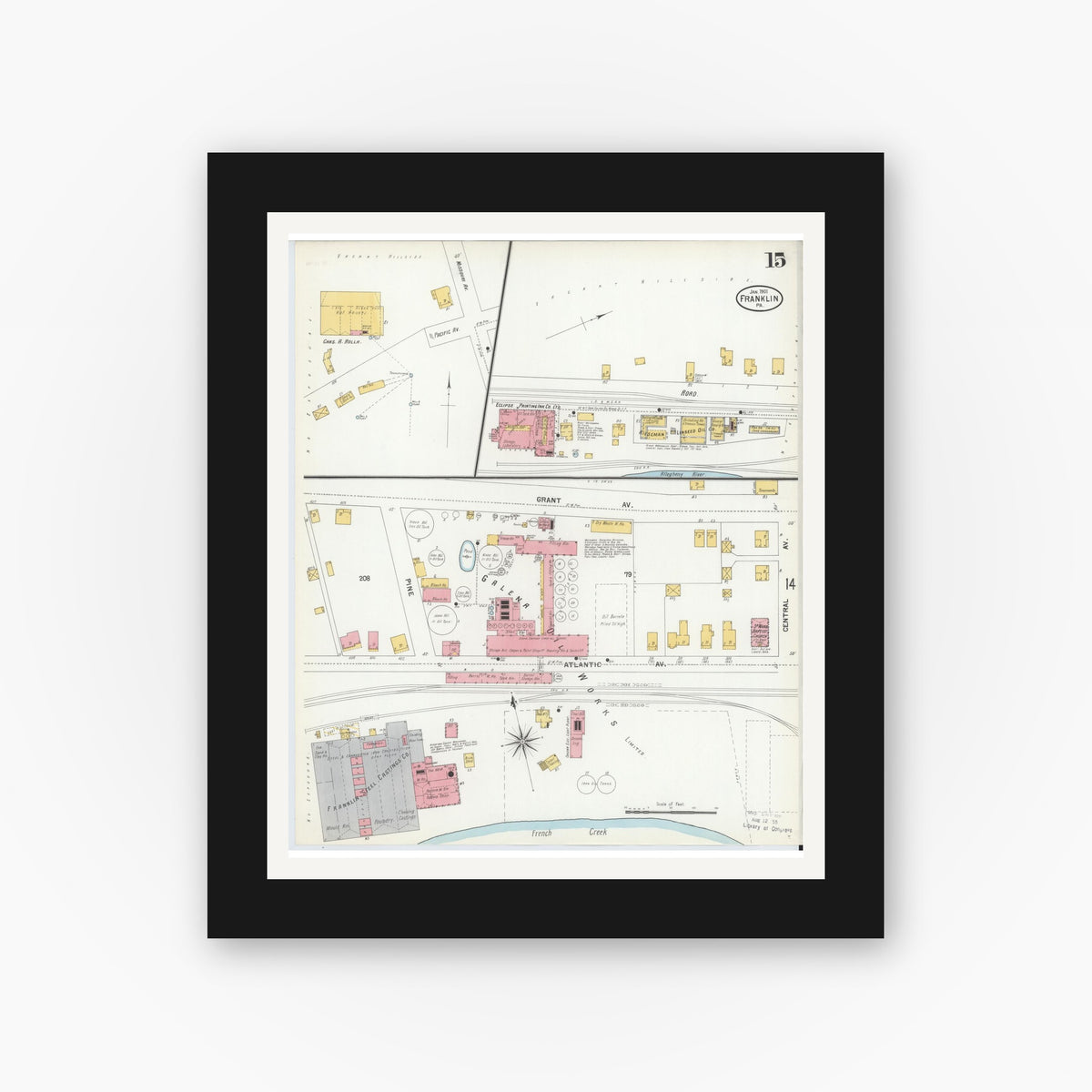 Old map wall art mockup — black gallery frame with white mat — Sanborn Fire Insurance Map from Franklin, Venango County, Pennsylvania (1901), Sheet #0015