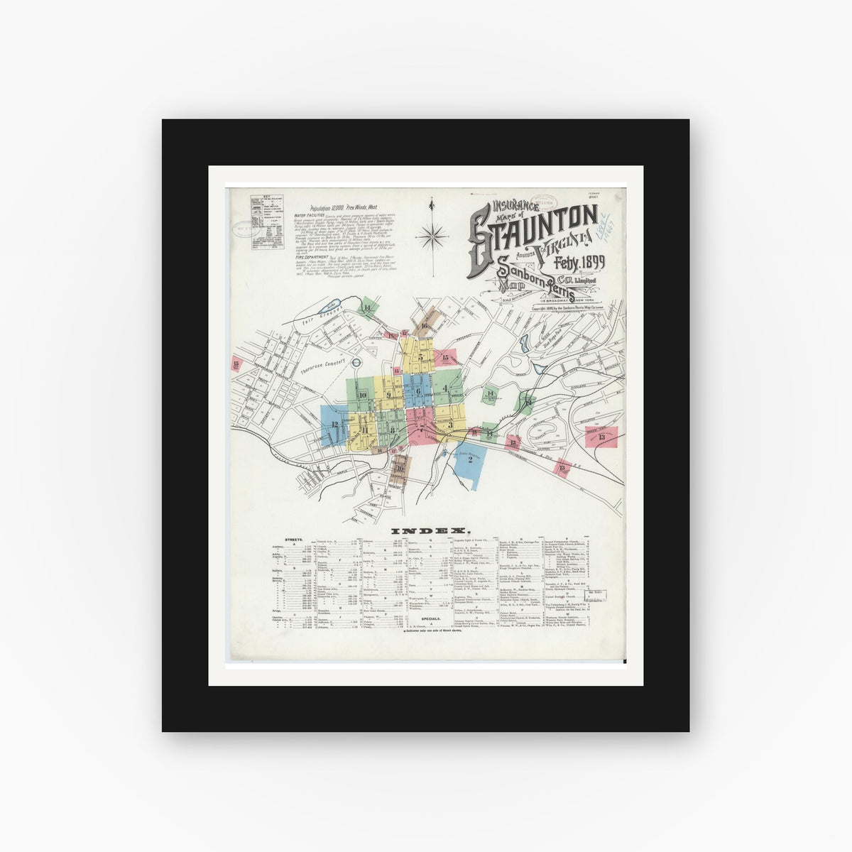 Old map wall art mockup — black gallery frame with white mat — Sanborn Fire Insurance Map from Staunton, Independent Cities, Virginia (1899) - Complete Map Set