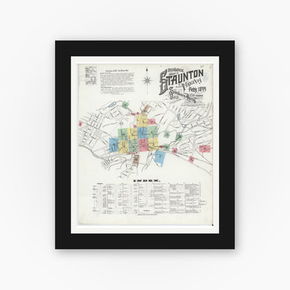 Old map wall art mockup — black gallery frame with white mat — Sanborn Fire Insurance Map from Staunton, Independent Cities, Virginia (1899) - Complete Map Set