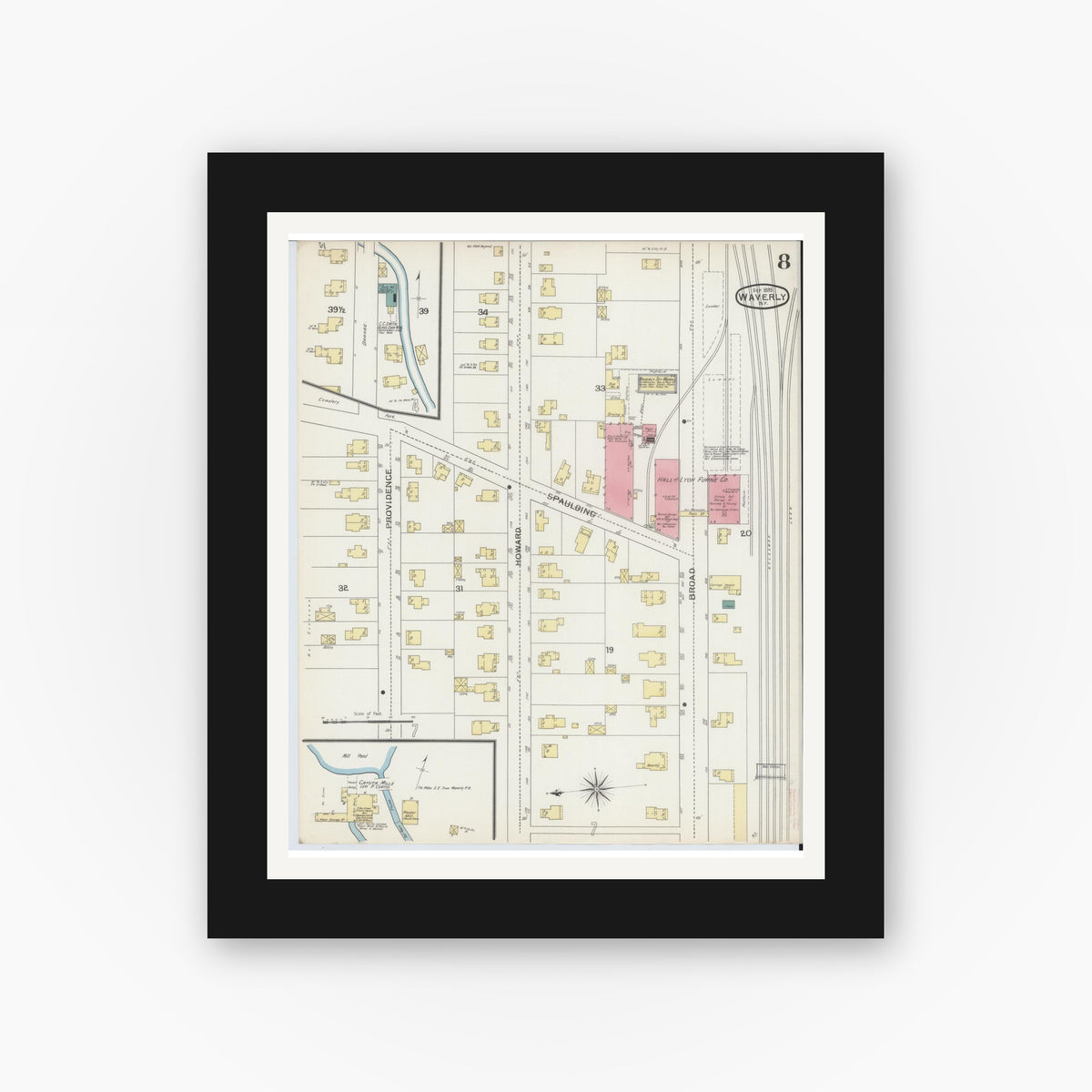 Old map wall art mockup — black gallery frame with white mat — Sanborn Fire Insurance Map from Waverly, Tioga County, New York (1893), Sheet #0008