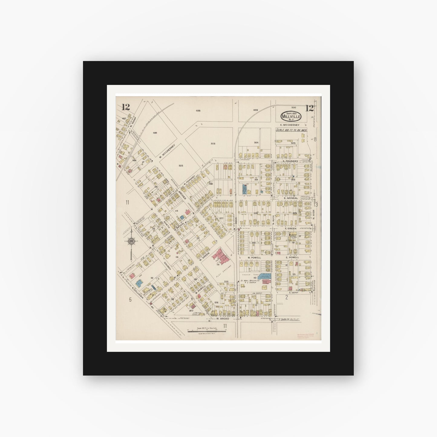 Old map wall art mockup — black gallery frame with white mat — Sanborn Fire Insurance Map from Millville, Cumberland County, New Jersey (1923), Sheet #0012