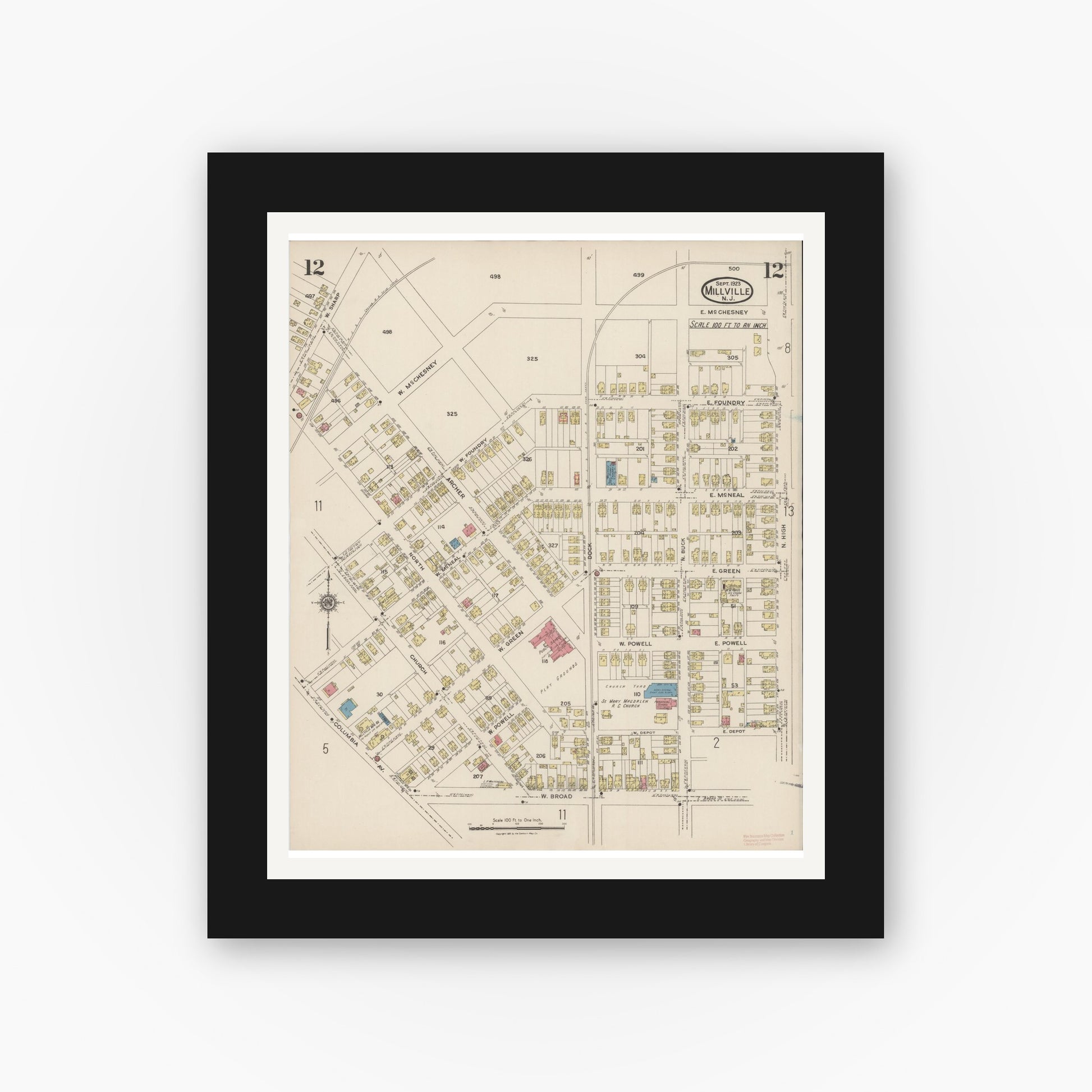 Old map wall art mockup — black gallery frame with white mat — Sanborn Fire Insurance Map from Millville, Cumberland County, New Jersey (1923), Sheet #0012
