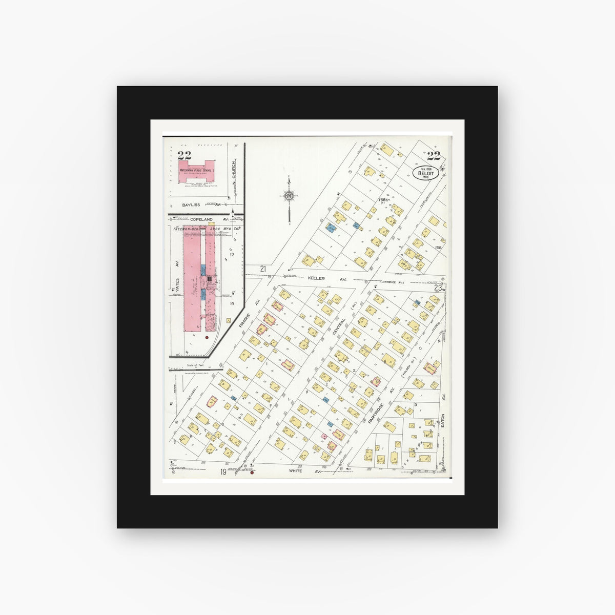 Old map wall art mockup — black gallery frame with white mat — Sanborn Fire Insurance Map from Beloit, Rock County, Wisconsin (1926), Sheet #0022