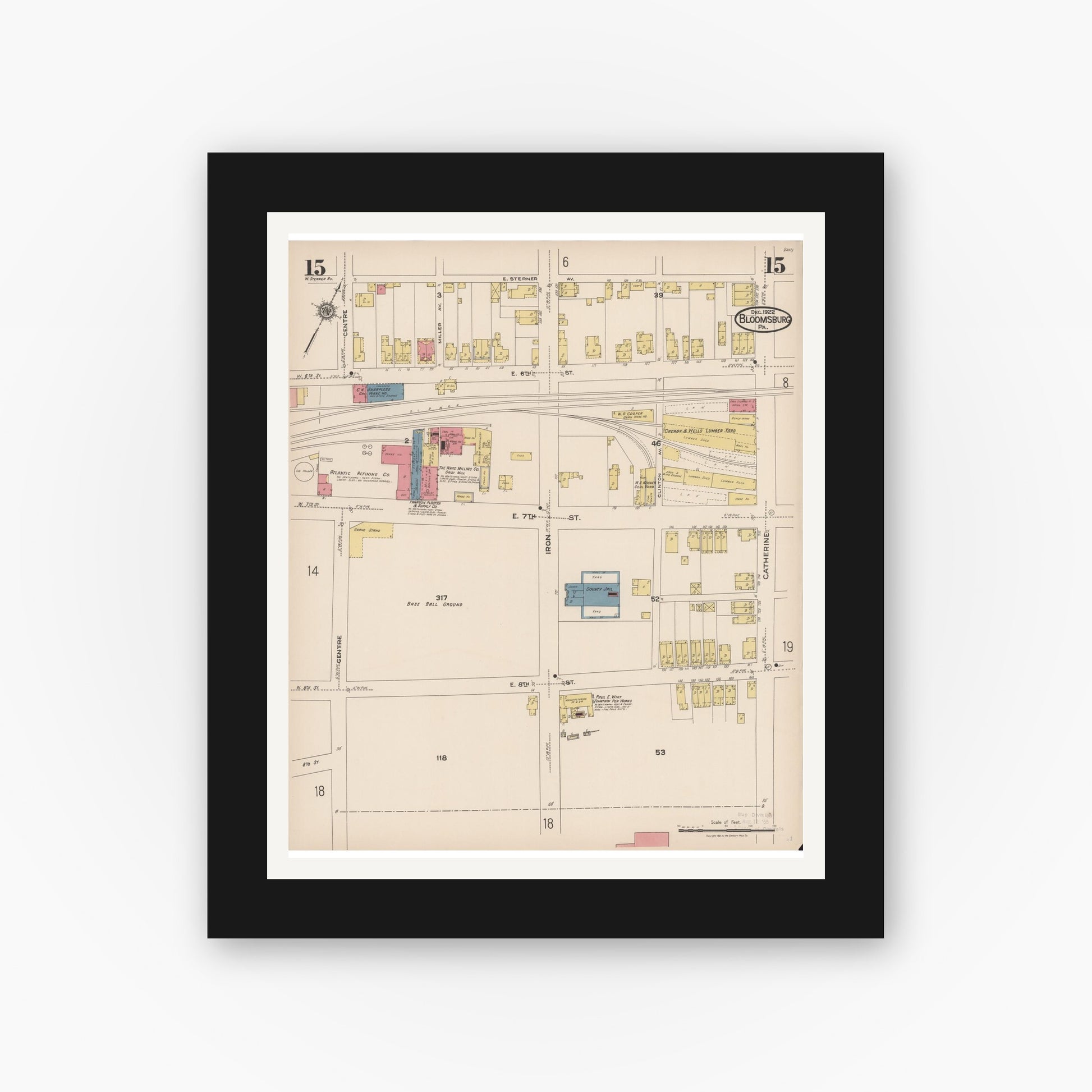 Old map wall art mockup — black gallery frame with white mat — Sanborn Fire Insurance Map from Bloomsburg, Columbia County, Pennsylvania (1922), Sheet #0015