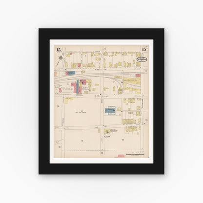 Old map wall art mockup — black gallery frame with white mat — Sanborn Fire Insurance Map from Bloomsburg, Columbia County, Pennsylvania (1922), Sheet #0015