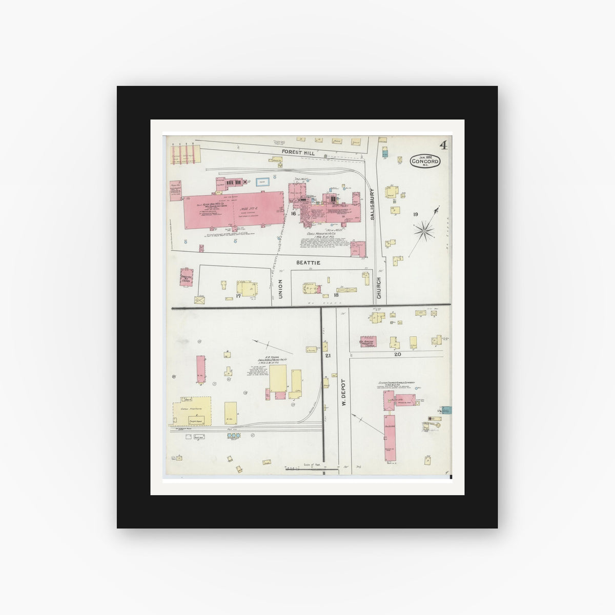 Old map wall art mockup — black gallery frame with white mat — Sanborn Fire Insurance Map from Concord, Cabarrus County, North Carolina (1892), Sheet #0004