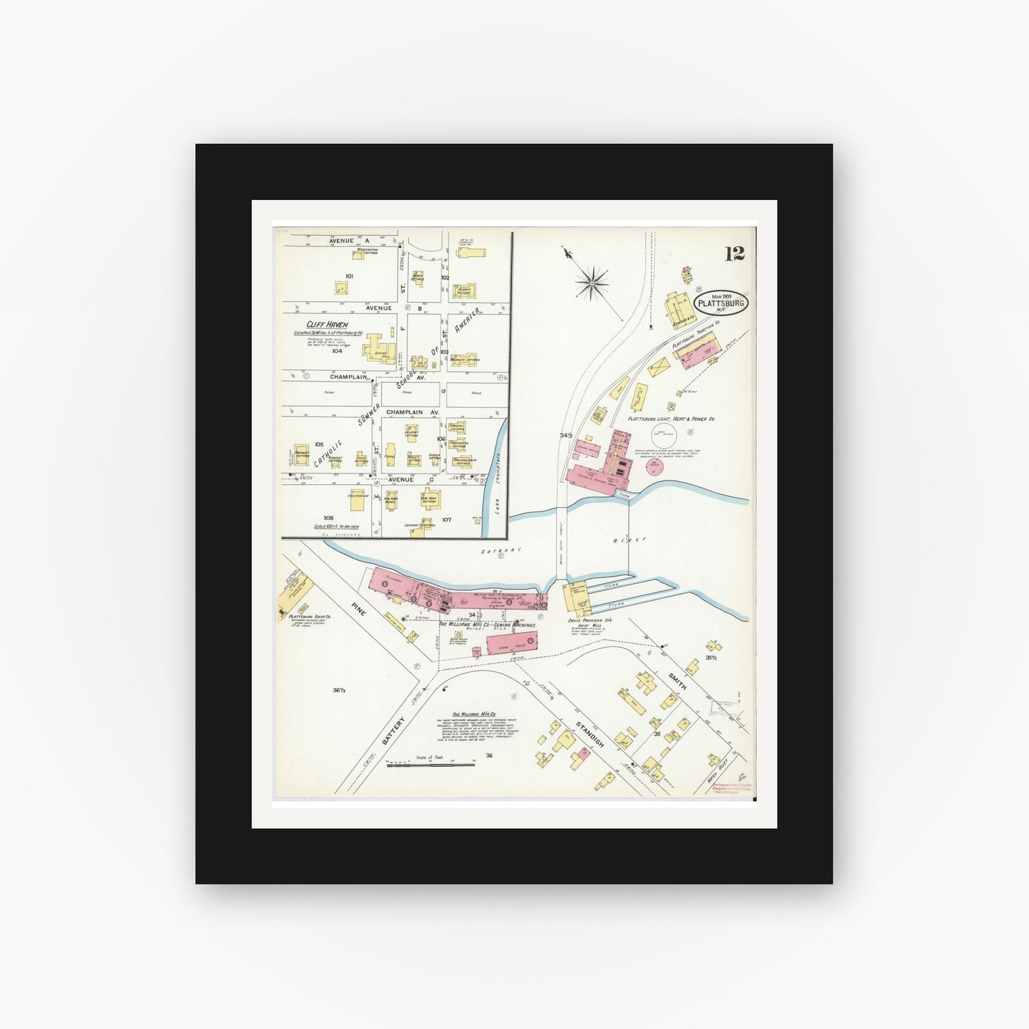 Old map wall art mockup — black gallery frame with white mat — Sanborn Fire Insurance Map from Plattsburg, Clinton County, New York (1909), Sheet #0011