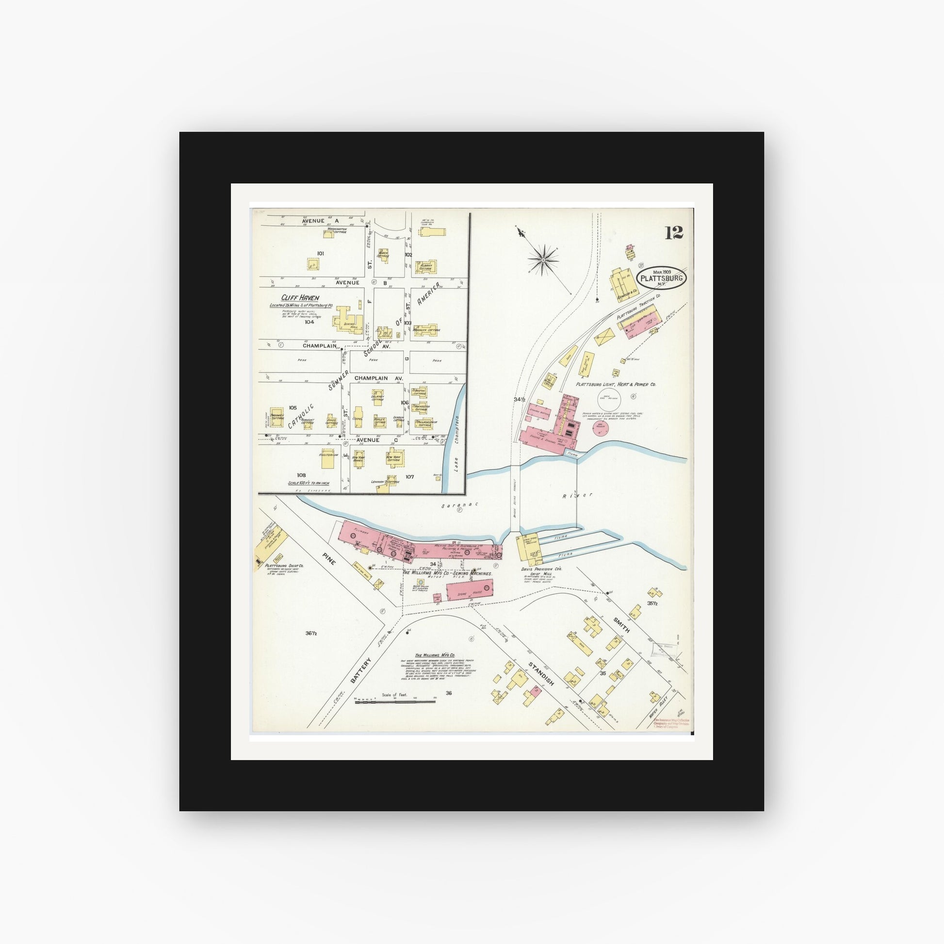 Old map wall art mockup — black gallery frame with white mat — Sanborn Fire Insurance Map from Plattsburg, Clinton County, New York (1909), Sheet #0011