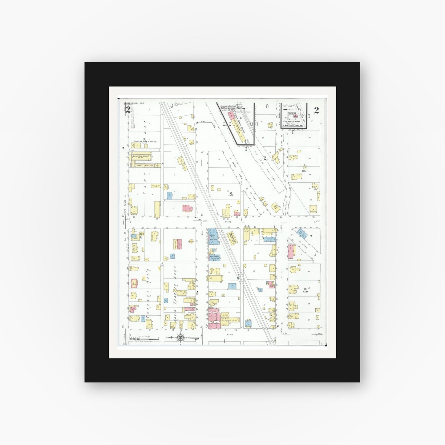 Old map wall art mockup — black gallery frame with white mat — Sanborn Fire Insurance Map from Frazeysburg, Muskingum County, Ohio (1950), Sheet #0002