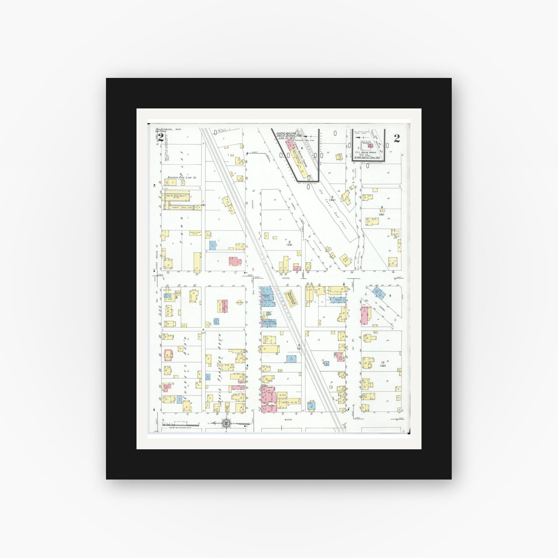 Old map wall art mockup — black gallery frame with white mat — Sanborn Fire Insurance Map from Frazeysburg, Muskingum County, Ohio (1950), Sheet #0002