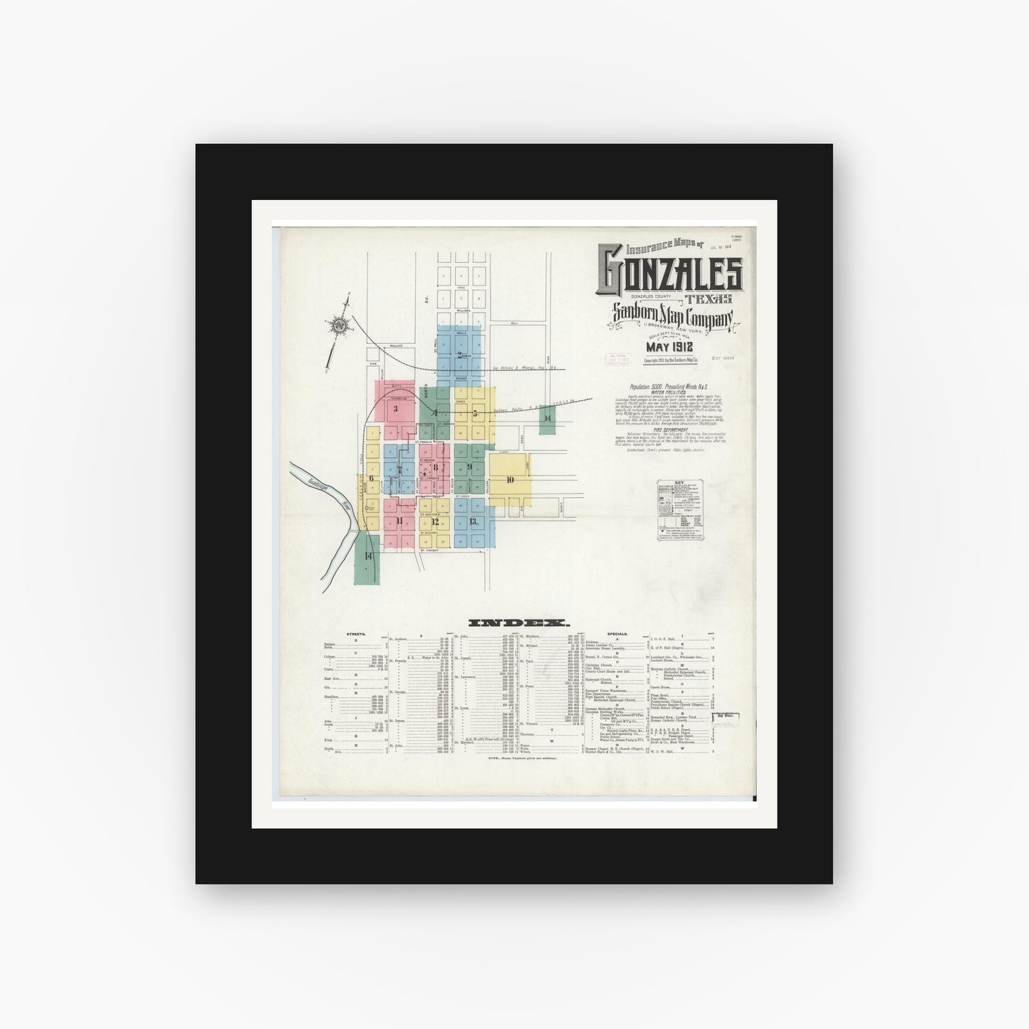 Old map wall art mockup — black gallery frame with white mat — Sanborn Fire Insurance Map from Gonzales, Gonzales County, Texas (1912) - Complete Map Set