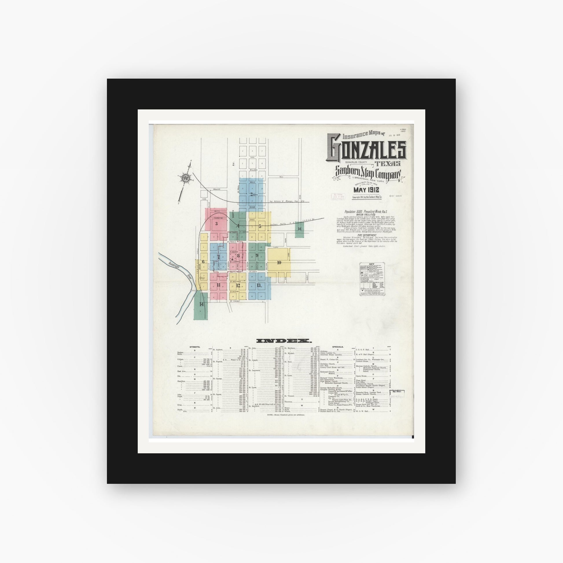 Old map wall art mockup — black gallery frame with white mat — Sanborn Fire Insurance Map from Gonzales, Gonzales County, Texas (1912) - Complete Map Set