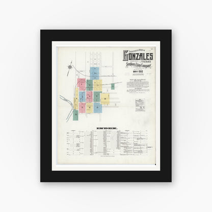 Old map wall art mockup — black gallery frame with white mat — Sanborn Fire Insurance Map from Gonzales, Gonzales County, Texas (1912) - Complete Map Set